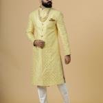 Stunning Yellow Sequin Embroidered Achkan for Men | Father Son Combo | Perfect for Grooms